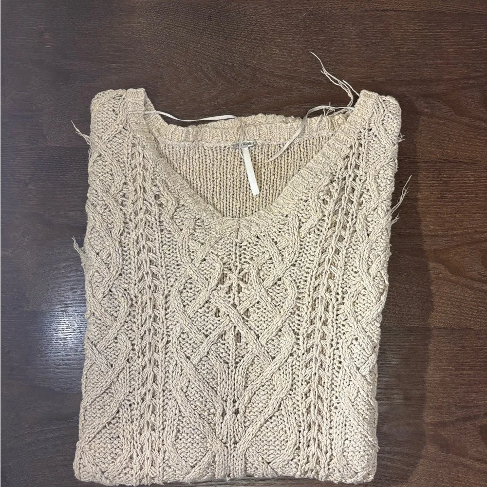 Free People Tan Crew Neck Sweater with Intricate Knit Pattern